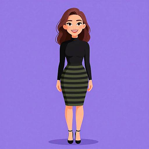 Digital cartoon of a smiling woman with brown hair, wearing a black long-sleeve top and striped black-gray pencil skirt, standing on purple background.