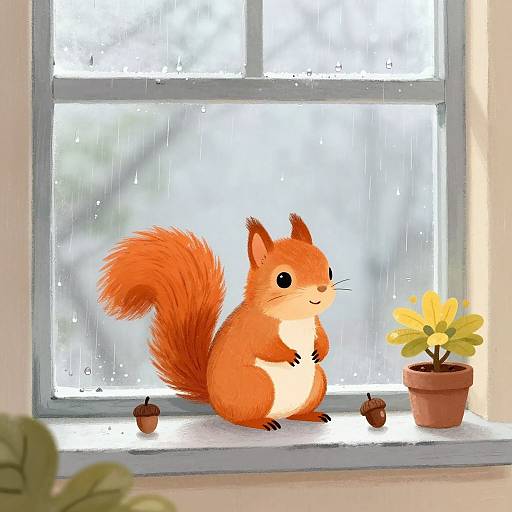 Digital illustration of a cute, orange-red squirrel with a fluffy tail, sitting on a windowsill, next to a potted yellow flower and two ac
