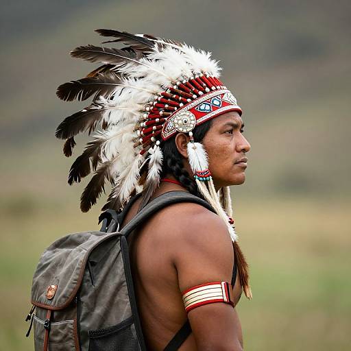 Photograph of a Native American man in profile, wearing a red and white feathered headband, arm band, and gray backpack, set against a