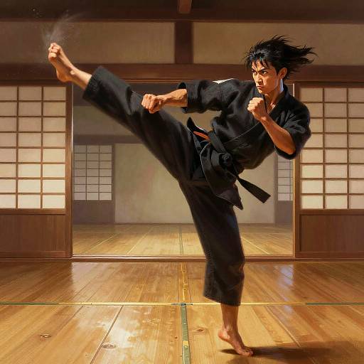 Dynamic Martial Artist Mid-Air Kick