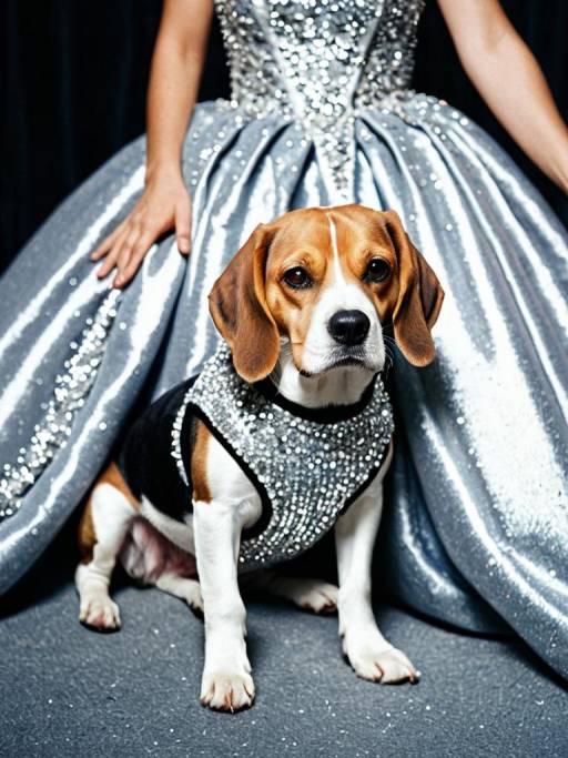 Beagle in Sparkling Outfit with Woman in Silver Ballgown
