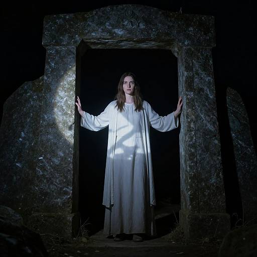 Photograph of a long-haired woman in a white robe, standing in a dark, stone-arched doorway, illuminated by a spotlight.