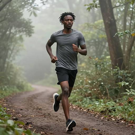 Athletic Black Man Jogging in Misty Forest