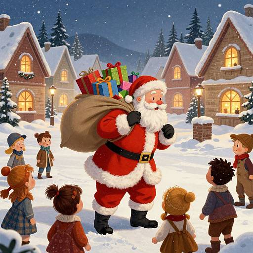 Colorful digital illustration of Santa Claus in red suit, carrying a sack of colorful gifts, standing in a snowy village at night with children and warm-l