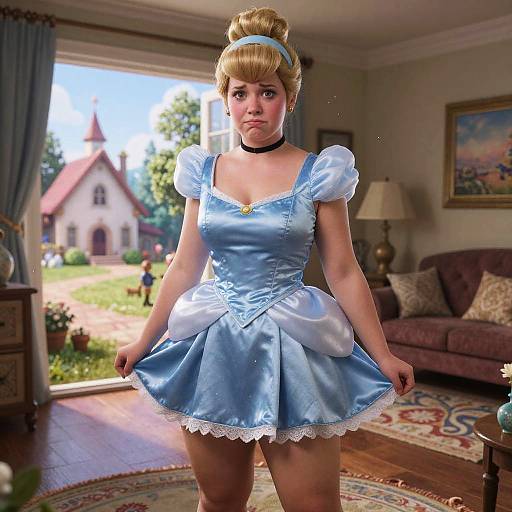 Digital art of a blonde woman in a blue satin Alice in Wonderland dress, standing in a sunlit living room with a church and garden outside.