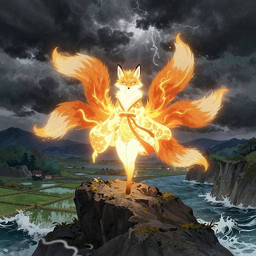 Inari Deity Amid Stormy Sea Cliffs