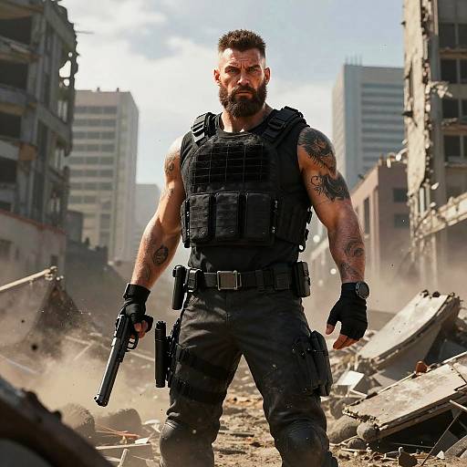 Photorealistic image of a bearded, muscular man with tattoos, wearing black tactical gear and holding a gun, standing in a ruined urban war zone