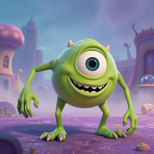CGI cartoon green monster with one large eye, sharp teeth, and small horns, standing on a purple, textured ground in a whimsical, colorful
