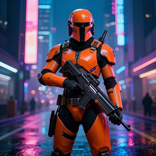 Cybernetic Bounty Hunter in Neon City