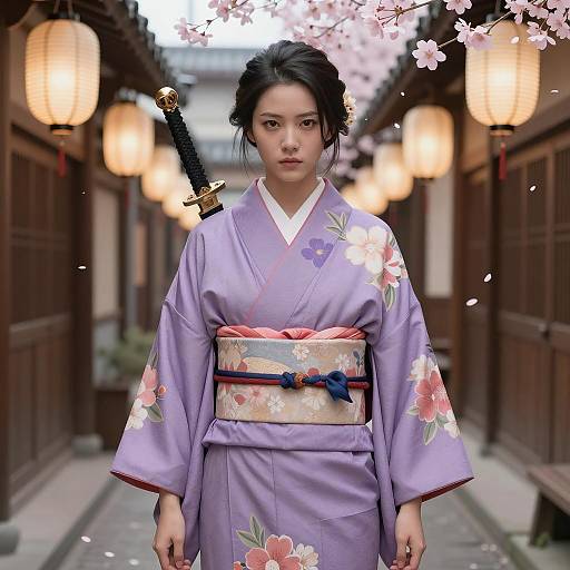 Serious Asian Woman in Floral Kimono