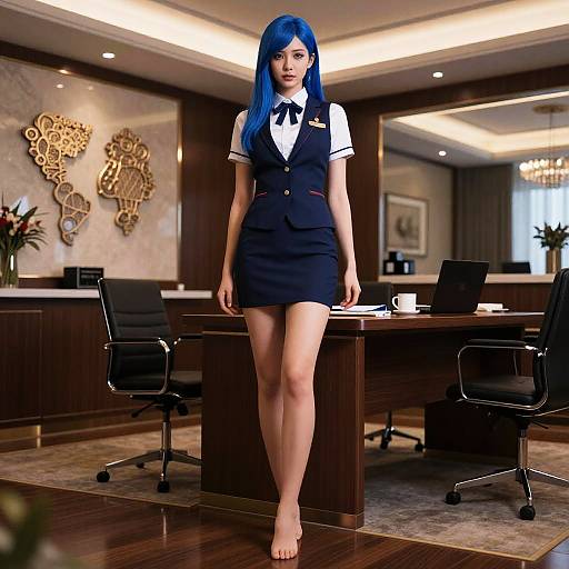 Digital artwork of a blue-haired woman in a black vest and skirt, standing barefoot in a modern, well-lit office.