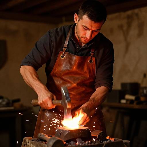 Photograph of a focused, muscular black-haired man in a dark shirt and brown leather apron, hammering a glowing forge with sparks flying. Dim