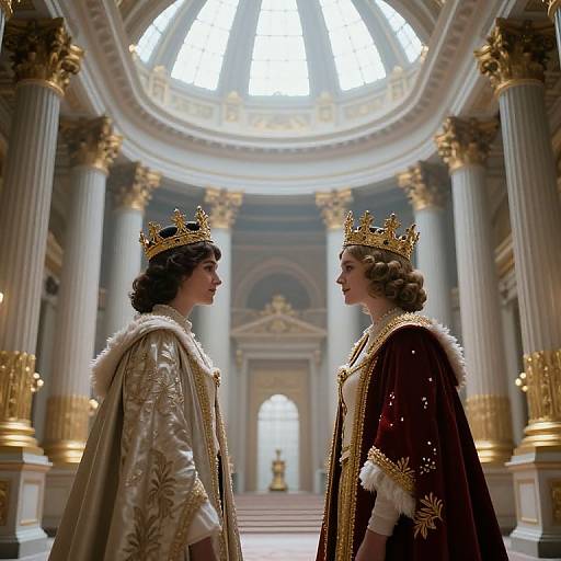 Photograph of two regal women in ornate golden crowns and luxurious robes, facing each other in an opulent, grand hall with a dom