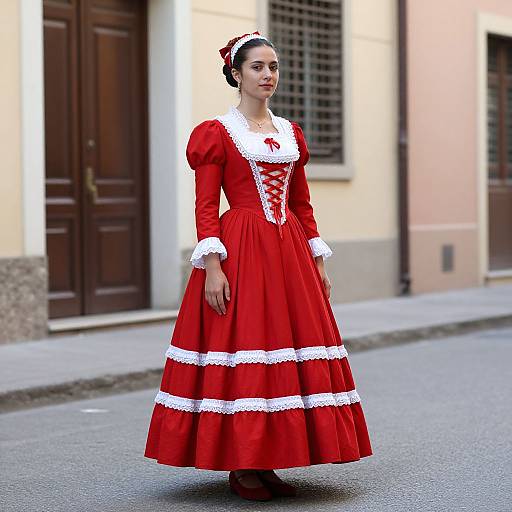 Photorealistic CGI of a woman in a red, white-trimmed Spanish dress with corset, standing on a street, brown doors in background