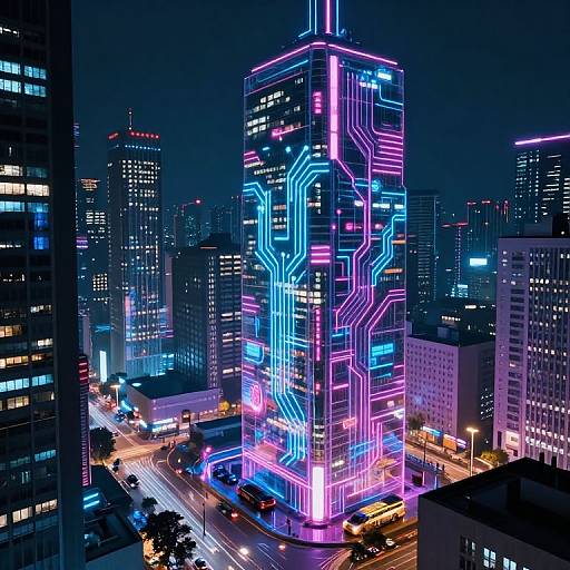 Neon-lit skyscraper in futuristic cityscape at night, with vibrant blue, purple, and pink LED lights illuminating its facade, surrounded by