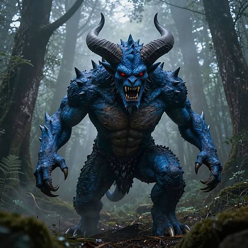 Digital artwork of a fierce blue demon with glowing red eyes, large horns, sharp claws, and spikes, standing in a misty forest.