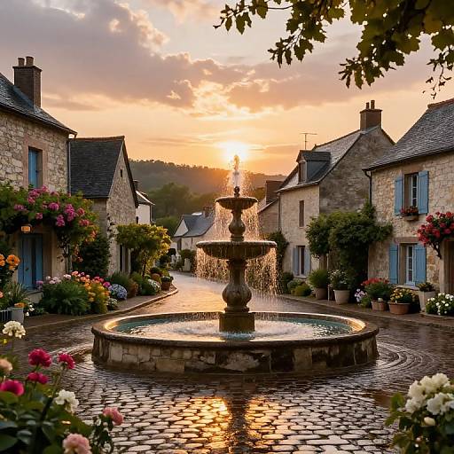 Photograph of a picturesque cobblestone courtyard at sunset, featuring a central stone fountain with cascading water, surrounded by charming stone cottages with blo