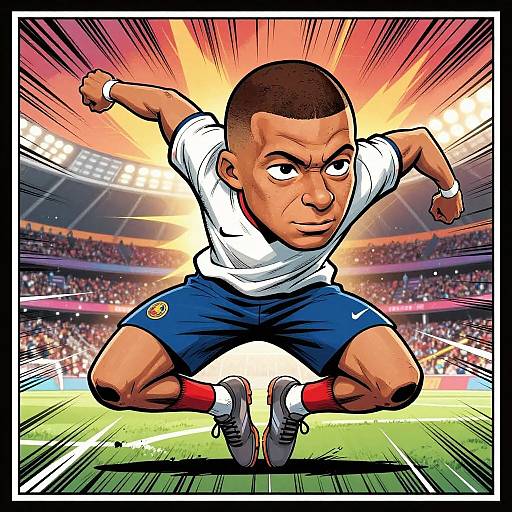 Dynamic comic-style illustration of a muscular, determined male soccer player in mid-air, wearing a white shirt and blue shorts, aiming for the goal with intense