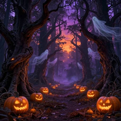 Spooky forest at dusk with glowing jack-o'-lanterns, floating white ghosts, and a vibrant orange sunset. Digital art style.