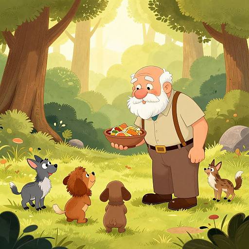 Cartoon-style forest scene: bearded elderly man with suspenders offers treats to four curious dogs (black, brown, small brown, small tan)