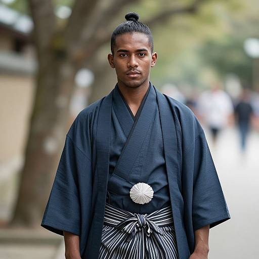 Photograph of a serious, dark-skinned man with a topknot, wearing a black kimono with white patterns and a large circular brooch