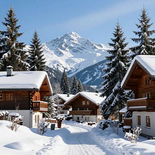 Snowy Chalets Among Evergreen Trees