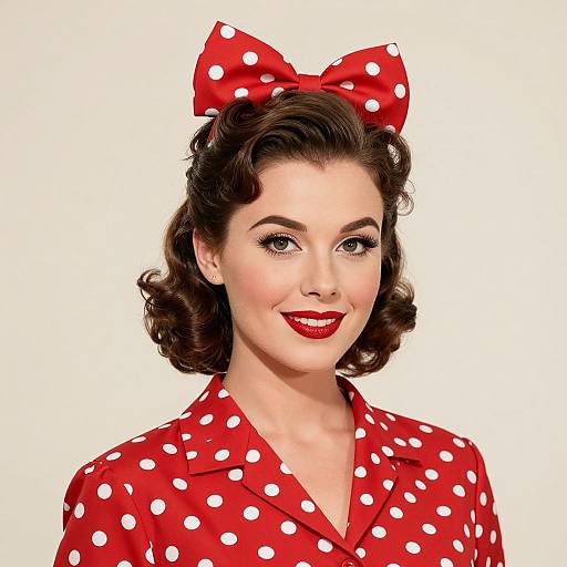 Vintage-style photograph of a smiling woman with red polka dot bow, red lipstick, curled brown hair, wearing red polka dot blouse.