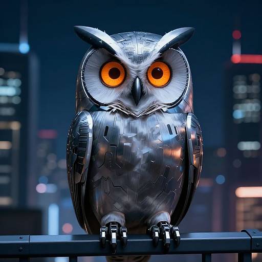 Cyberpunk Android Owl Perched at Night