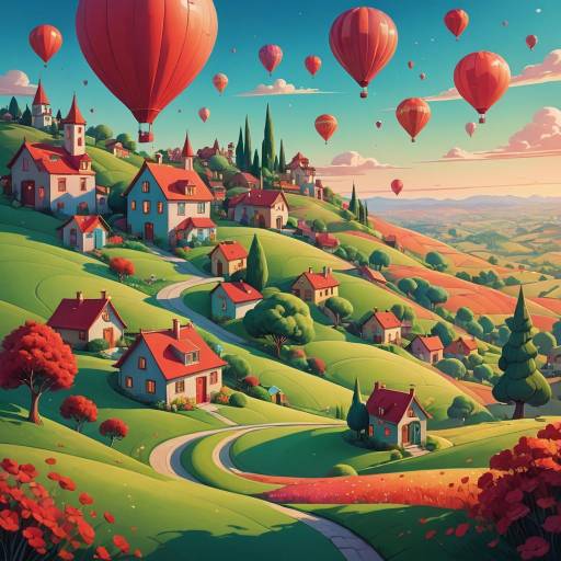 Whimsical Surreal Landscape with Balloons