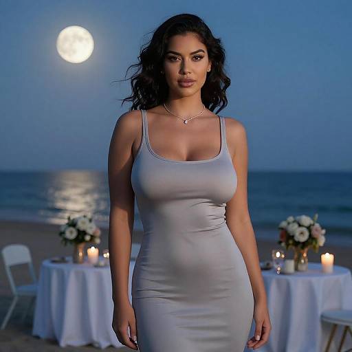 Photograph of a curvy woman with dark, wavy hair in a form-fitting, light gray dress standing on a moonlit beach, with