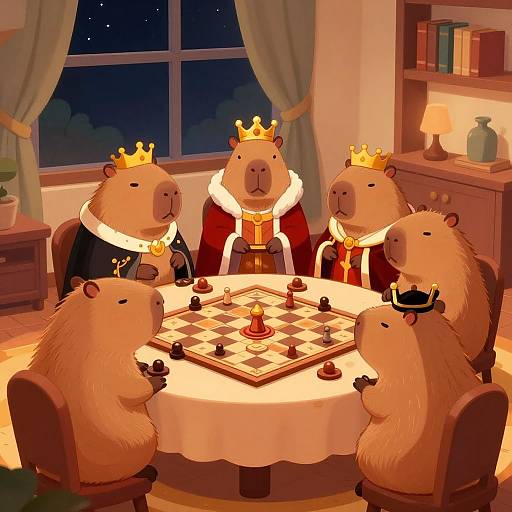 Cartoon beavers in royal attire, with crowns, playing chess around a table in a warmly lit, nighttime room. Digital art.