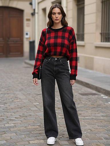Photograph of a young woman with long brown hair, wearing a red-black plaid sweater, high-waisted black flared jeans, and white