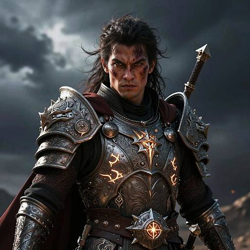CGI image of a fierce, dark-haired warrior in ornate, glowing silver armor with intricate designs, under a stormy, moonlit sky.