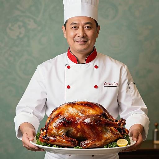 Photograph of a smiling Asian male chef in white uniform with red accents, holding a large, golden-brown roasted turkey on a plate. Background features