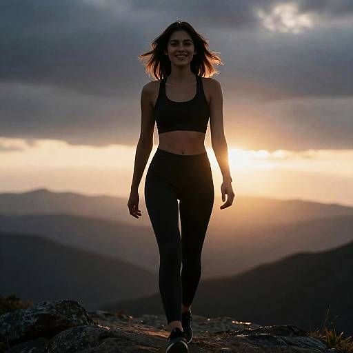 Fit Woman Walking on Mountain at Sunrise