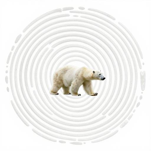 Photograph of a white polar bear with fluffy fur, standing in the center of a white, concentric circular pattern background.
