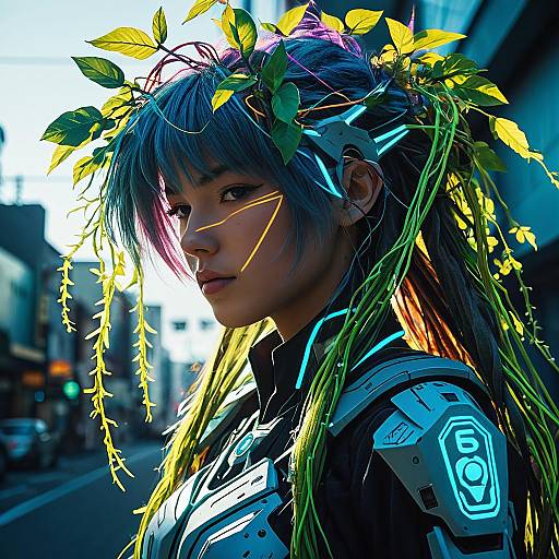 Cyberpunk Druid Woman with Neon Vines