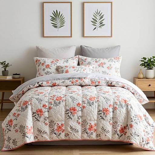 Photograph of a neatly made bed with white floral quilt, gray pillows, wooden nightstands, potted plants, and framed leaf art on a white