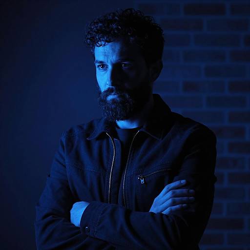 Pensive Bearded Man in Blue Light