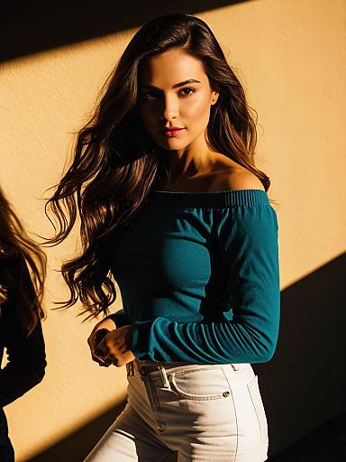 Chic Woman in Teal Off-Shoulder Top and White Jeans
