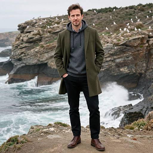 Photograph of a bearded man with short brown hair, wearing an olive green coat, gray hoodie, black pants, and brown boots, standing on