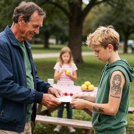 Grandfather Giving Paper to Boy at Park