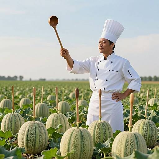 Photograph of a male chef in white uniform and tall hat, standing in a melon field, holding a wooden spoon, inspecting melons under