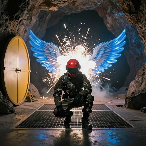 Crouching Warrior in Dark Cave Environment