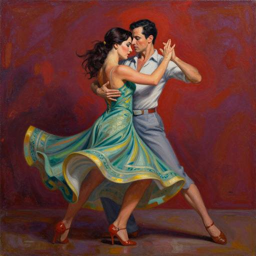 Digital painting of a dancing couple in a passionate waltz. The woman in a green, flowing dress and red heels, the man in a white