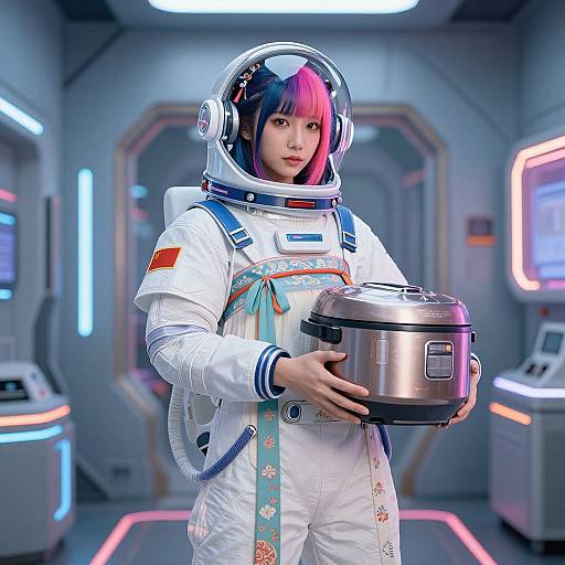 Digital artwork of a young woman with pink and blue hair in a white astronaut suit, holding a metallic container, in a futuristic, neon-lit spaceship