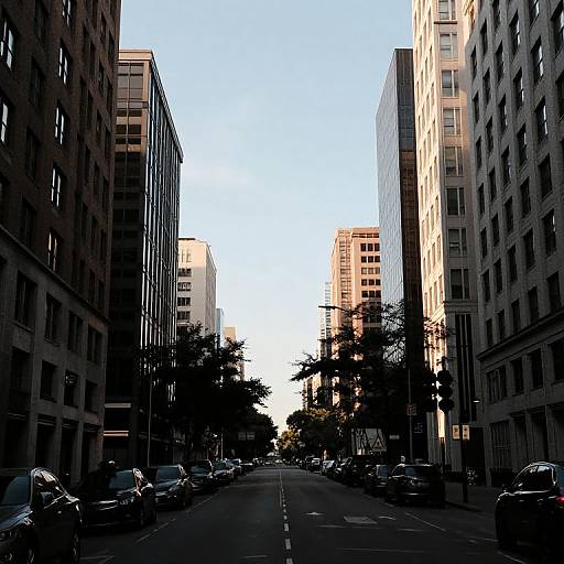 Photograph of a narrow urban street flanked by tall, modern buildings with reflective glass facades, parked cars lining both sides, under a clear,