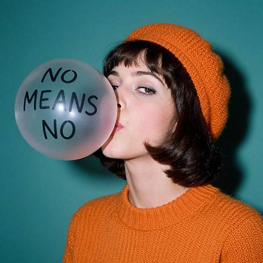 Photograph of a pale-skinned woman with short black hair, wearing an orange knit hat and sweater, blowing a bubble with 