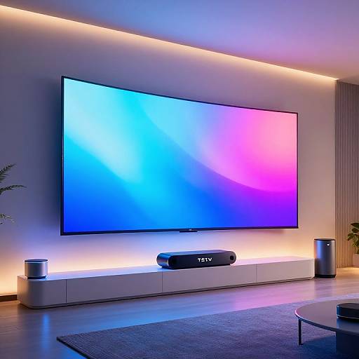 Photograph of a modern living room with a large, colorful gradient TV on a white, illuminated media console and minimalistic decor.