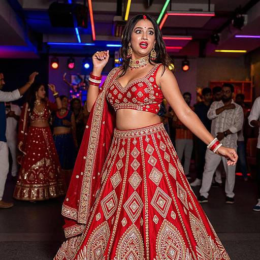 Photograph of an Indian woman in a vibrant red lehenga with gold embroidery, dancing confidently at a colorful nightclub, surrounded by other dressed-up guests.